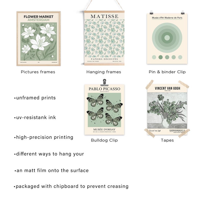 KONGSY Sage Green Wall Art Prints مجموعة من 9، ملصقات معرض ماتيس مجردة، مطبوعات فنية بوهو، ديكور جدار أخضر حكيم، صور جمالية ديكور غرفة النوم للفتيات المراهقات، غرفة النوم - Image 3